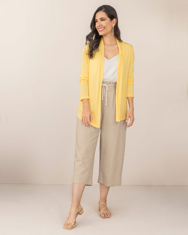Camiseta abierta manga larga manga larga en tejido de punto para mujer#color_111-amarillo
