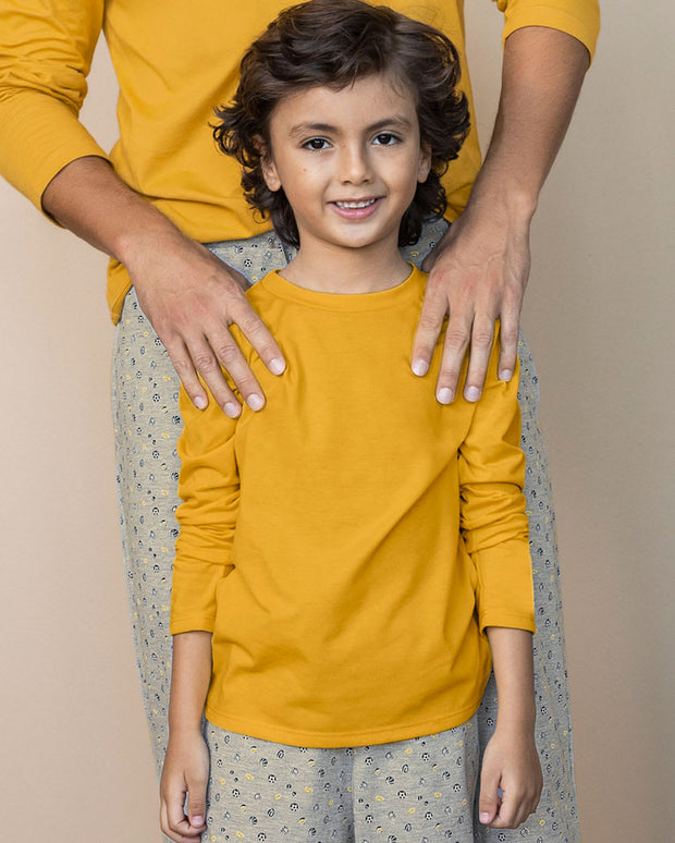 Camiseta manga básica larga cuello redondo para niño#color_847-mostaza