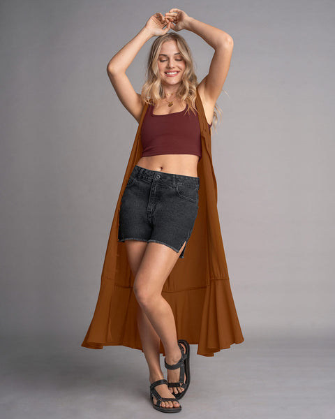 Camiseta manga sisa crop top en tejido acanalado#color_390-marron