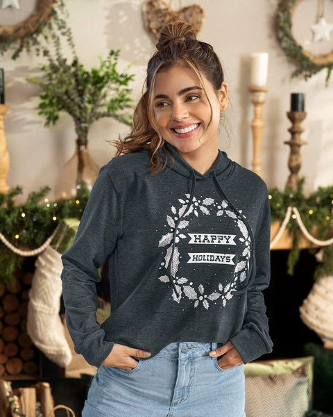 Camiseta manga larga con capucha y estampado frontal de navidad#color_722-gris