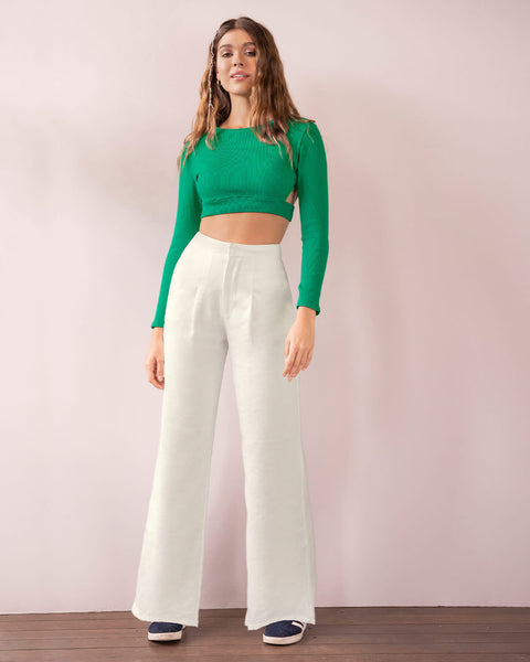 Camiseta crop top manga larga con detalle de corte en los laterales#color_063-verde