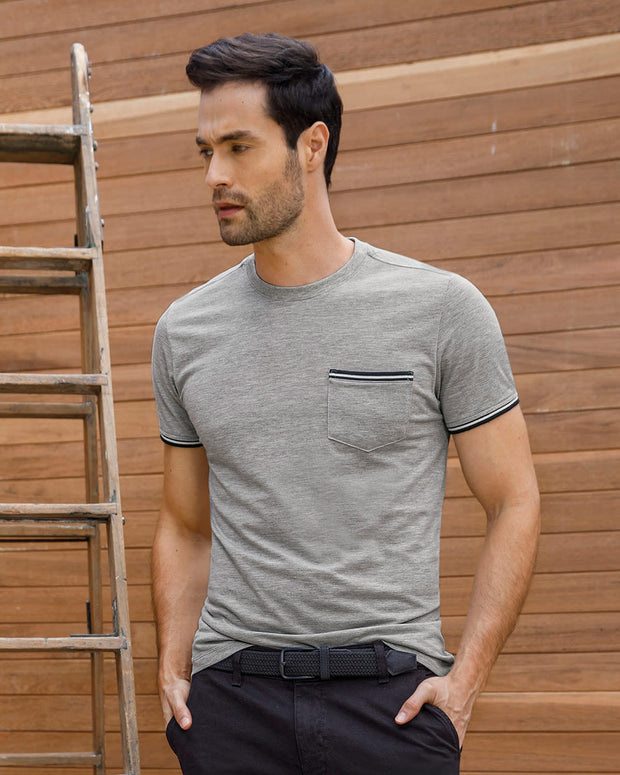 Camiseta manga corta con mangas tejidas#color_717-gris-jaspe